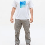 White oversized ocean graphic t-shirt front view showing full blue ocean print design